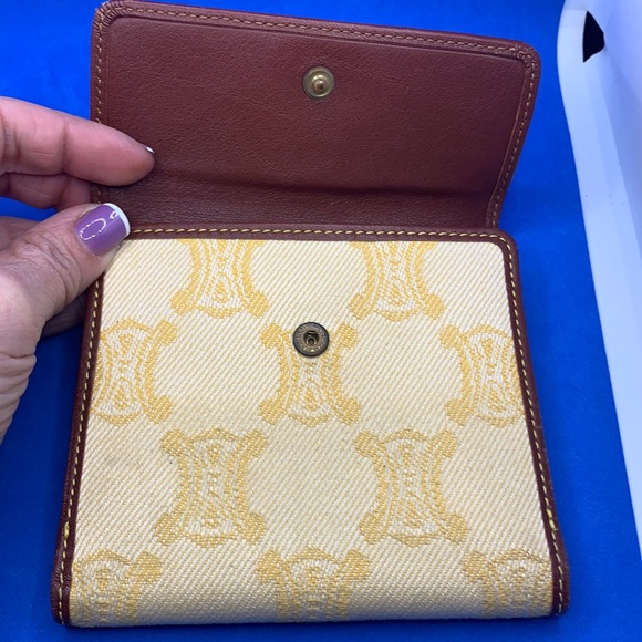 Auth CELINE Macadam Yellow Dark Brown Denim Leather Double-hook Wallet - Picture 3 of 15